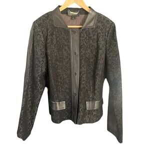 St John Couture Tweed wool Blazer Jacket Size 12 Black Leather Trim  button Knit